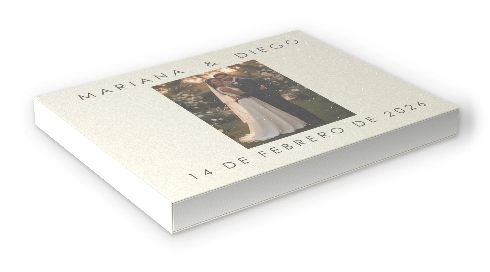 Álbum de boda cerrado, con su portada, sobre fondo claro